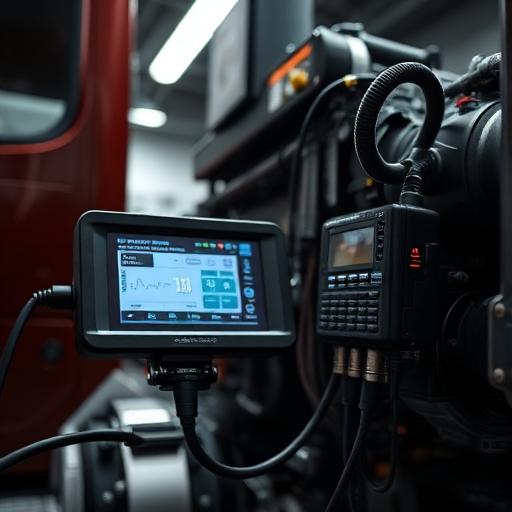 Advanced truck diagnostic scanner connected to diesel engine showing readings