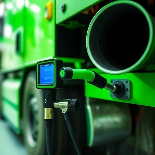 CARB emissions testing probe connected to diesel truck exhaust system