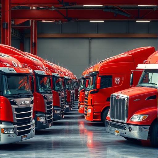 Fleet of commercial trucks in organized maintenance service bays