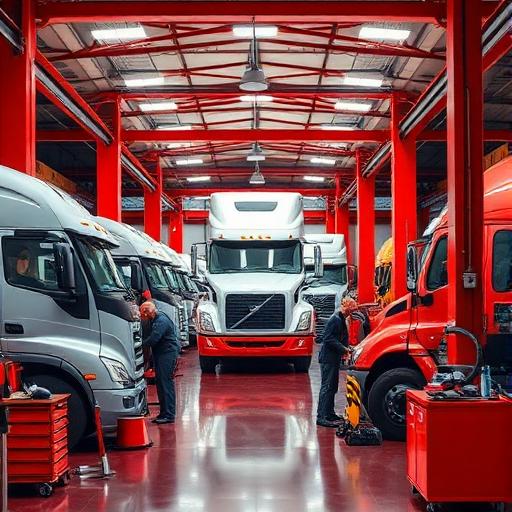 Full-service truck repair bay with mechanics working on heavy-duty trucks
