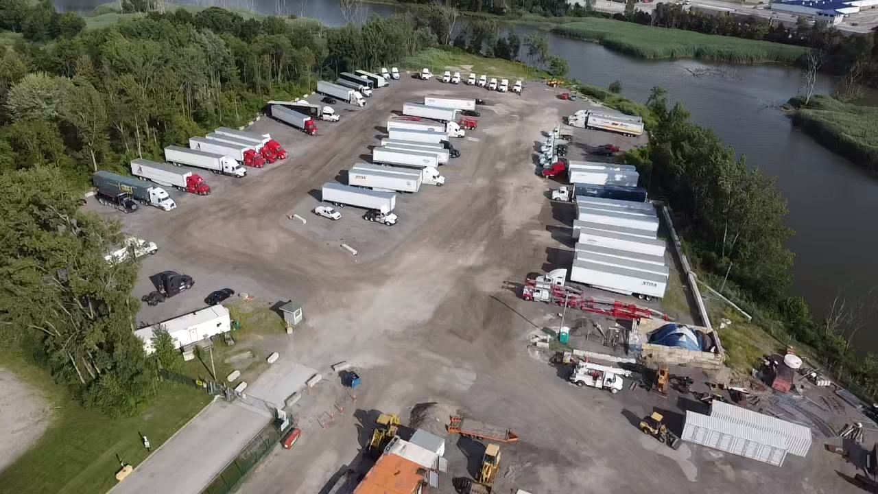 Aerial view of Sam's Parking & Storage facility in Toledo OH with semi trucks and trailers
